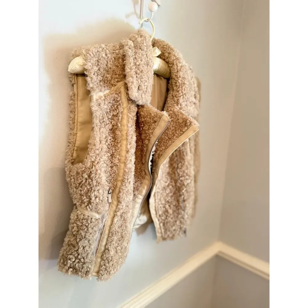 Anthropologie Teddy Faux Fur Moto Vest Cream Beige Size Small
